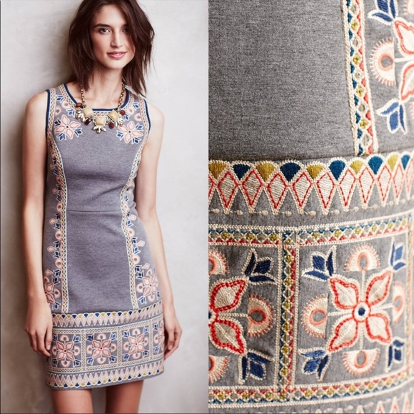 Anthropologie Maeve Grey Embroidered Sleeveless Dress - Picture 1 of 12